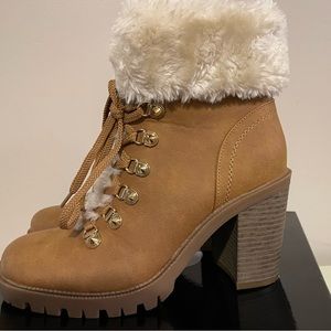 G by Guess Ankle Boots, faux fur tops, stacked 3 inch chunky heel.